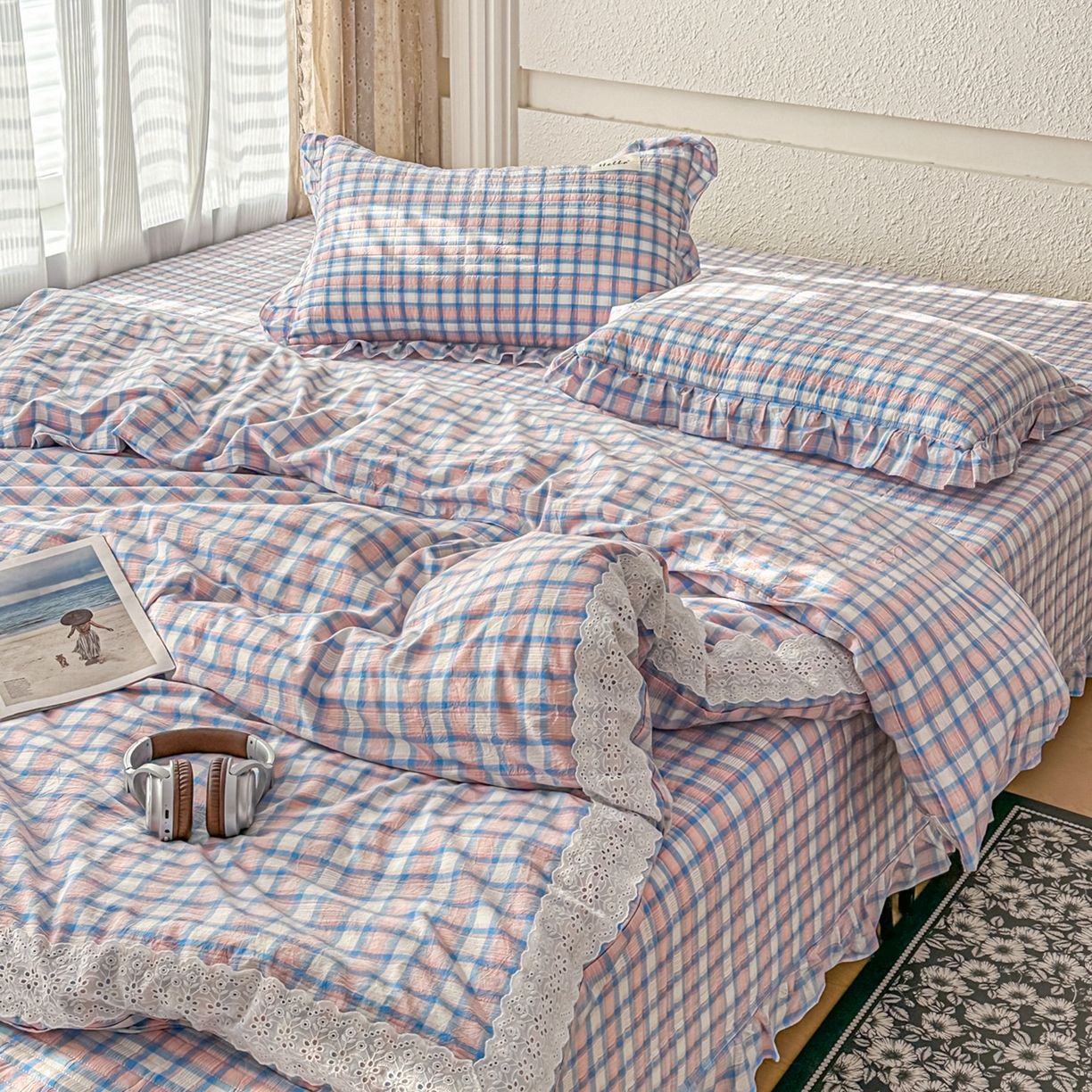 91家纺网 家纺一手货源 找家纺 暖居 2026新款全棉纯棉色织榻榻米三件套四件套单件大炕盖支持定制 紫色格子