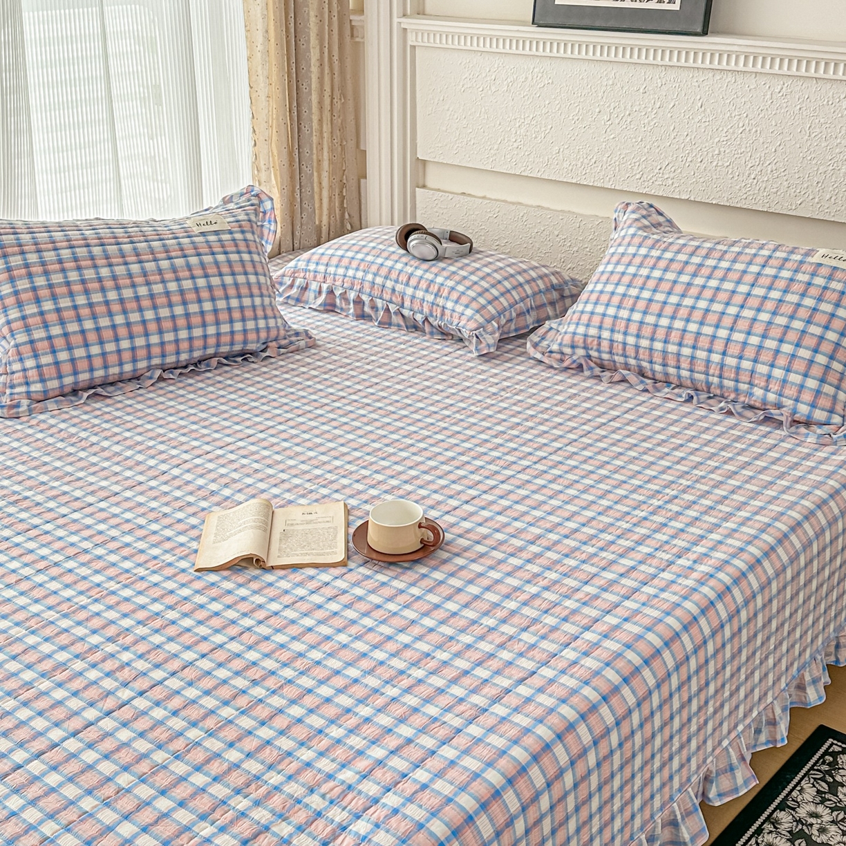 暖居 2026新款全棉纯棉色织榻榻米三件套四件套单件大炕盖支持定制 紫色格子