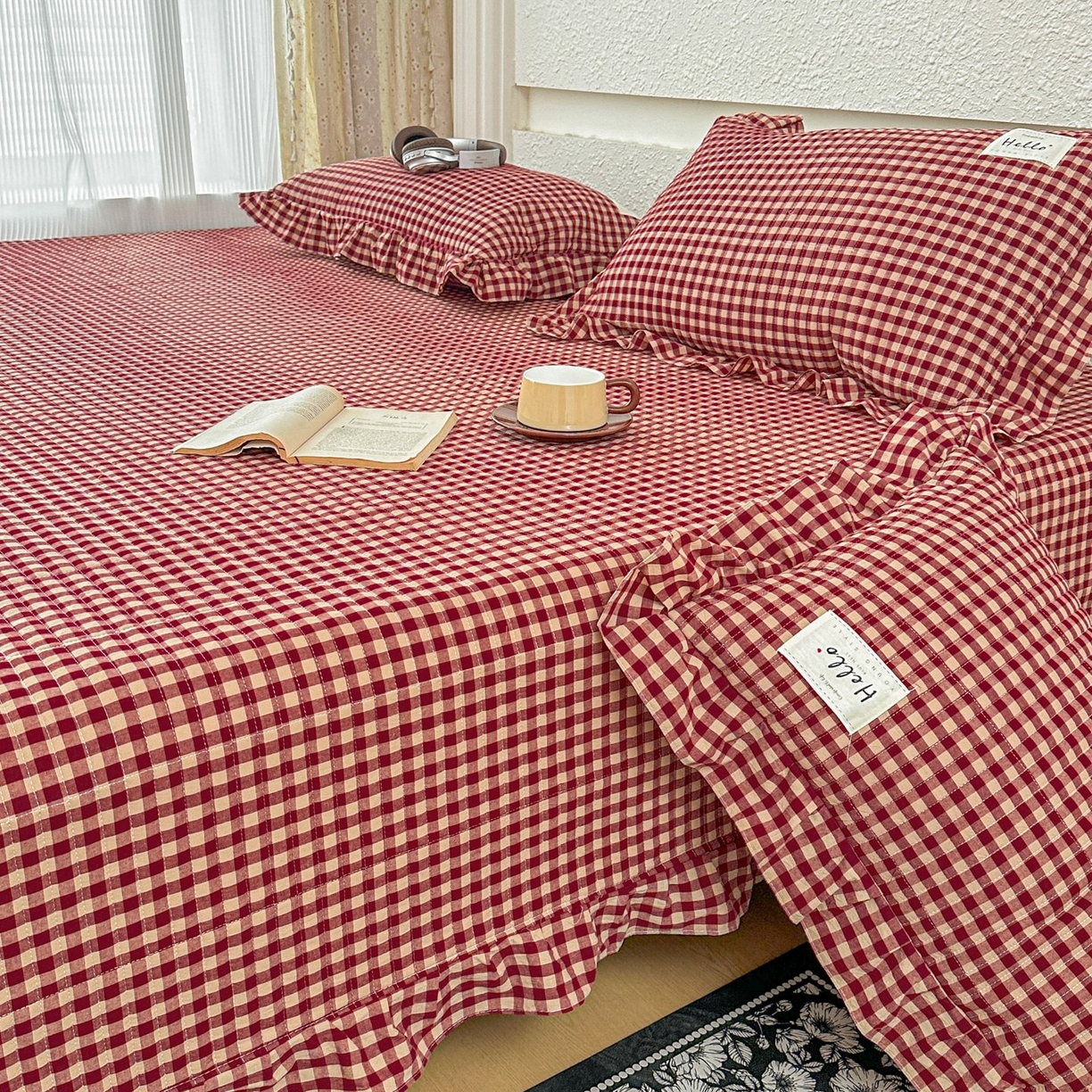 91家纺网 家纺一手货源 找家纺 暖居 2026新款全棉纯棉色织榻榻米三件套四件套单件大炕盖支持定制 经典红咖格