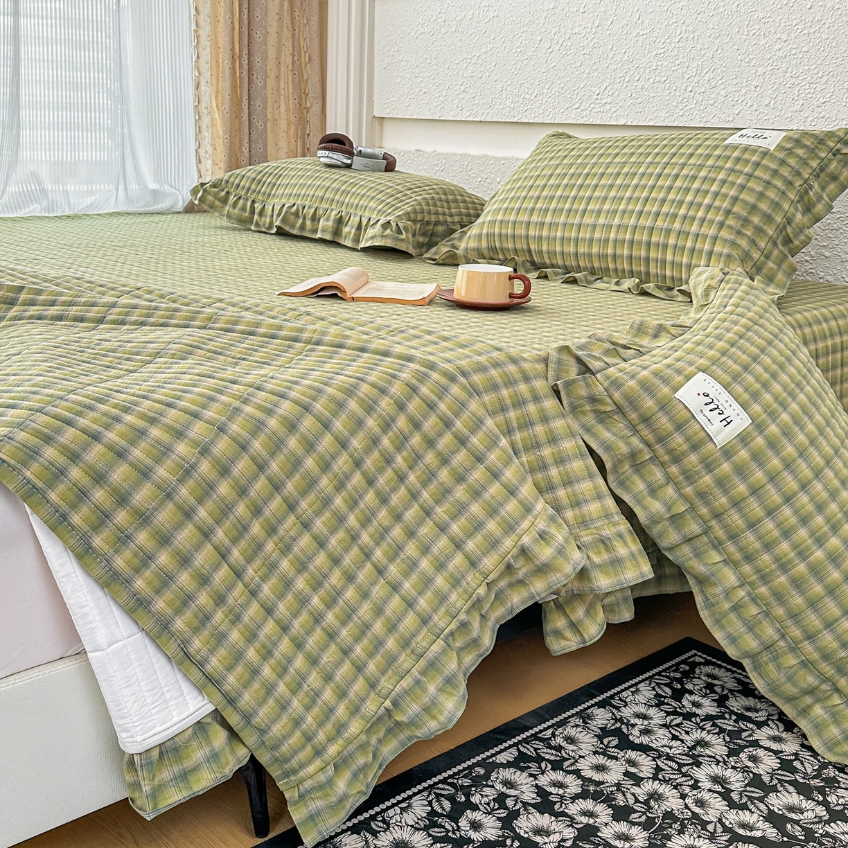 91家纺网 家纺一手货源 找家纺 暖居 2026新款全棉纯棉色织榻榻米三件套四件套单件大炕盖支持定制 抹茶绿