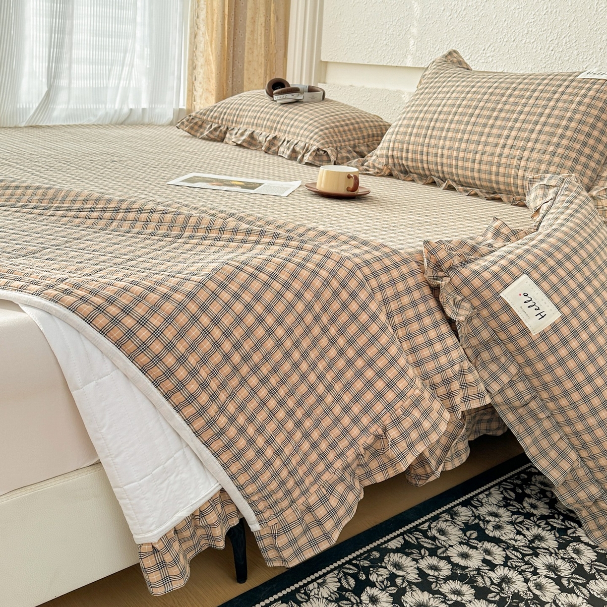 91家纺网 家纺一手货源 找家纺 暖居 2026新款全棉纯棉色织榻榻米三件套四件套单件大炕盖支持定制 经典咖小格