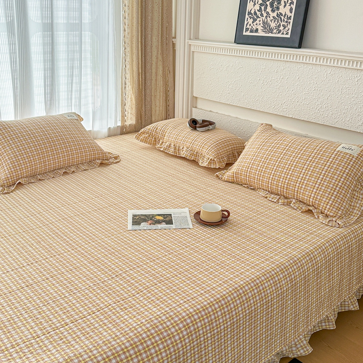 91家纺网 家纺一手货源 找家纺 暖居 2026新款全棉纯棉色织榻榻米三件套四件套单件大炕盖支持定制 黄小格