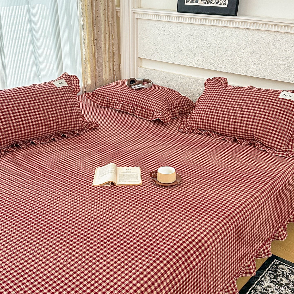 暖居 2026新款全棉纯棉色织榻榻米三件套四件套单件大炕盖支持定制 经典红咖格