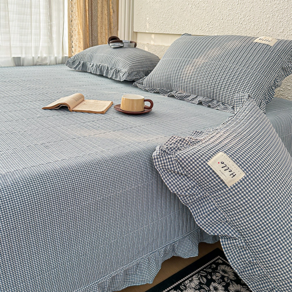 91家纺网 家纺一手货源 找家纺 暖居 2026新款全棉纯棉色织榻榻米三件套四件套单件大炕盖支持定制 蓝格子