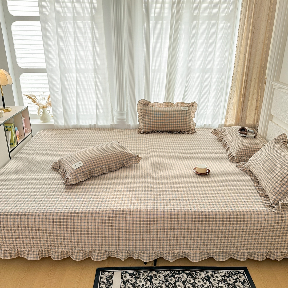 91家纺网 家纺一手货源 找家纺 暖居 2026新款全棉纯棉色织榻榻米三件套四件套单件大炕盖支持定制 经典咖小格