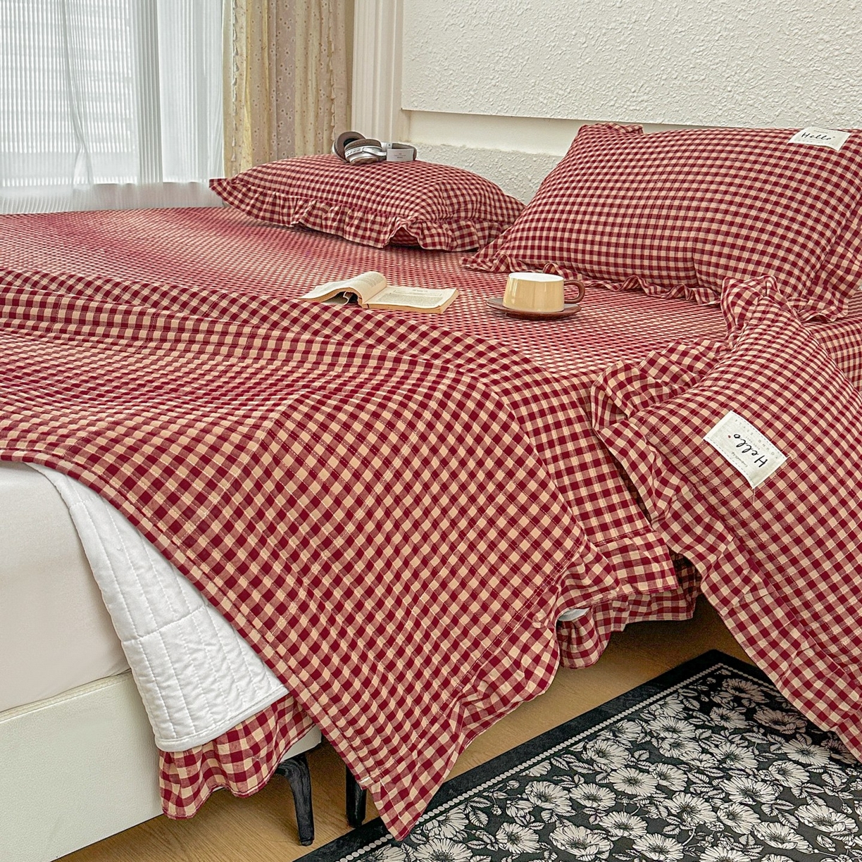 91家纺网 家纺一手货源 找家纺 暖居 2026新款全棉纯棉色织榻榻米三件套四件套单件大炕盖支持定制 经典红咖格