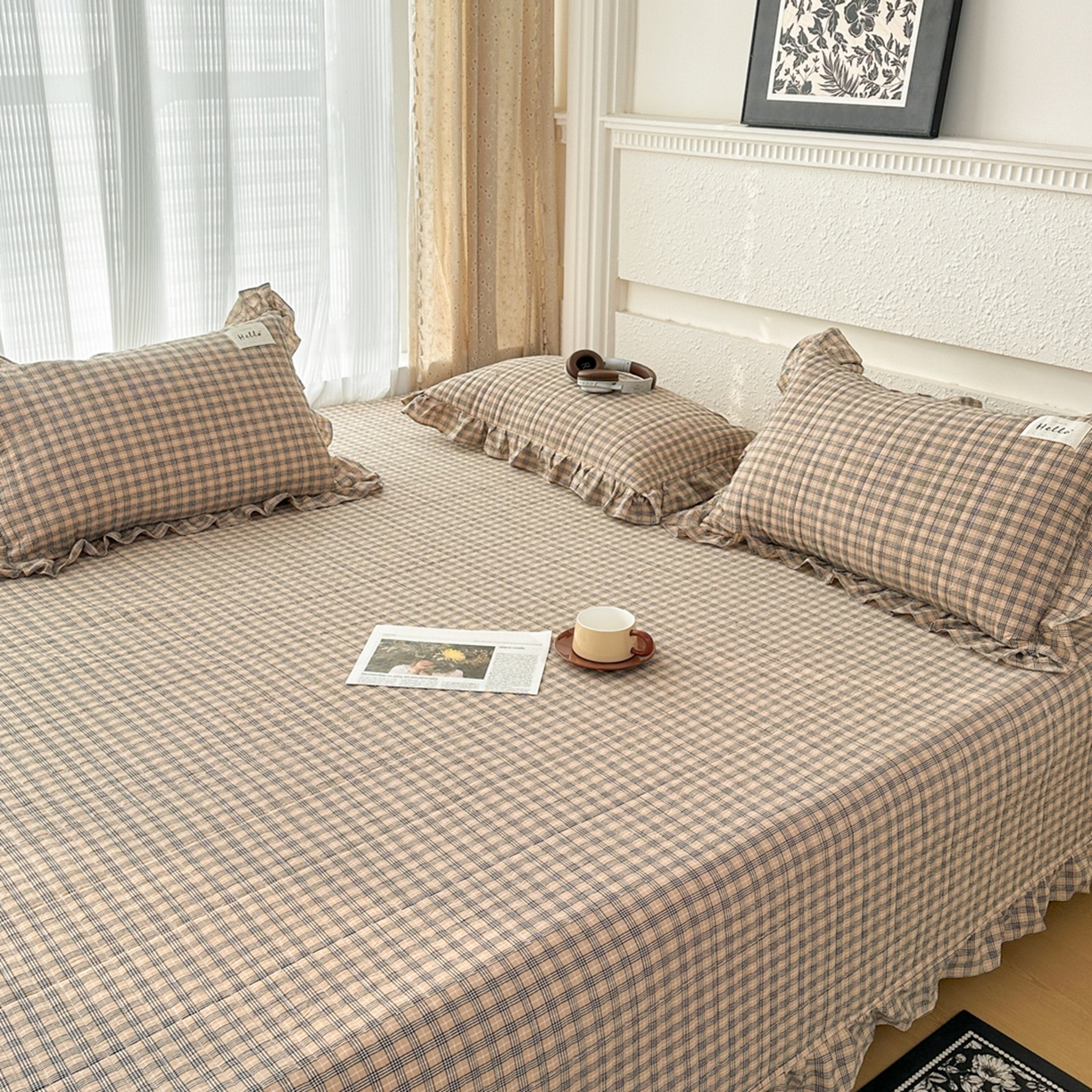 91家纺网 家纺一手货源 找家纺 暖居 2026新款全棉纯棉色织榻榻米三件套四件套单件大炕盖支持定制 经典咖小格