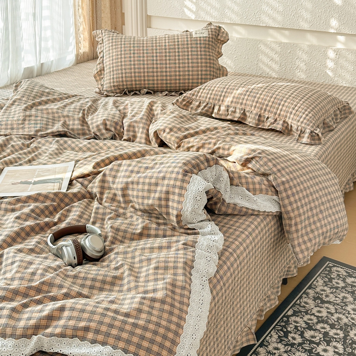 91家纺网 家纺一手货源 找家纺 暖居 2026新款全棉纯棉色织榻榻米三件套四件套单件大炕盖支持定制 经典咖小格