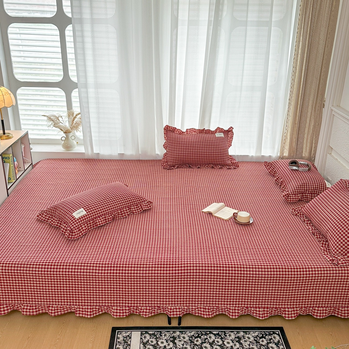 91家纺网 家纺一手货源 找家纺 暖居 2026新款全棉纯棉色织榻榻米三件套四件套单件大炕盖支持定制 经典红咖格