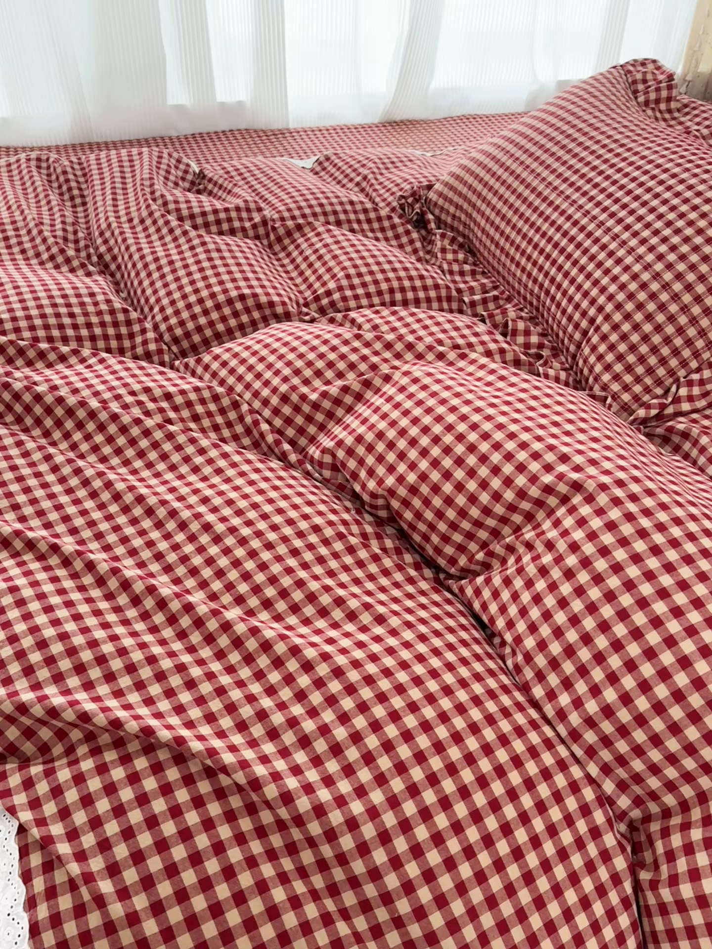 91家纺网 家纺一手货源 找家纺 暖居 2026新款全棉纯棉色织榻榻米三件套四件套单件大炕盖支持定制 经典红咖格