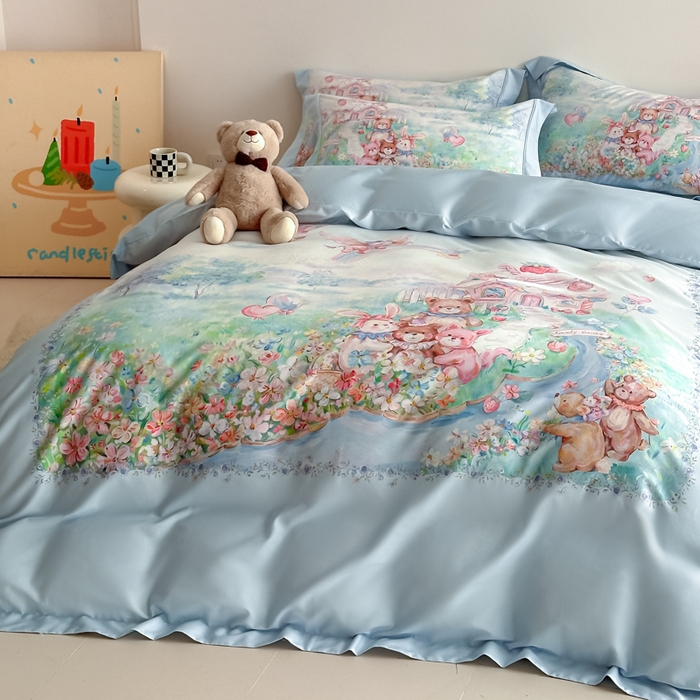 91家纺网 家纺一手货源 找家纺 禾时 2026新款全棉数码手绘油画卡通四件套 彩虹派对（蓝）