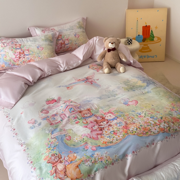 91家纺网 家纺一手货源 找家纺 禾时 2026新款全棉数码手绘油画卡通四件套 彩虹派对（粉）