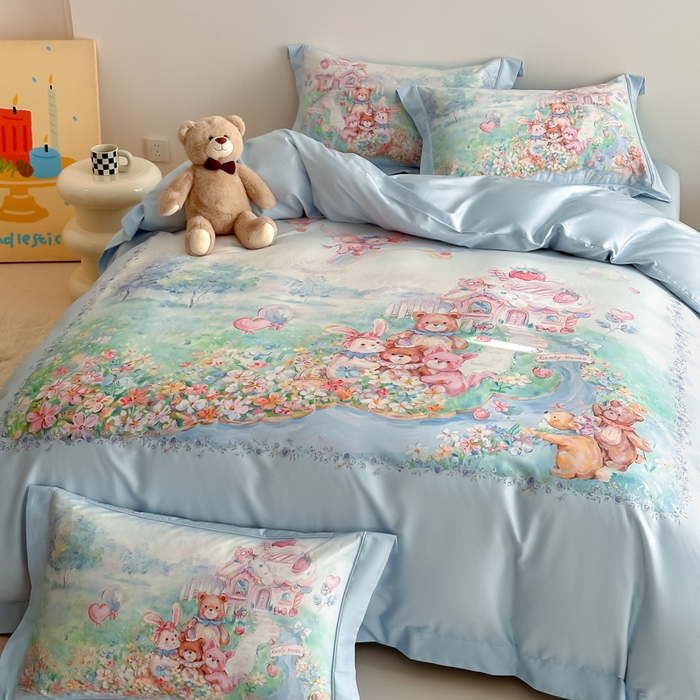 91家纺网 家纺一手货源 找家纺 禾时 2026新款全棉数码手绘油画卡通四件套 彩虹派对（蓝）