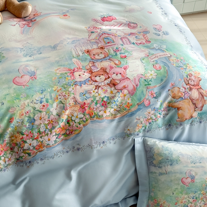 91家纺网 家纺一手货源 找家纺 禾时 2026新款全棉数码手绘油画卡通四件套 彩虹派对（蓝）