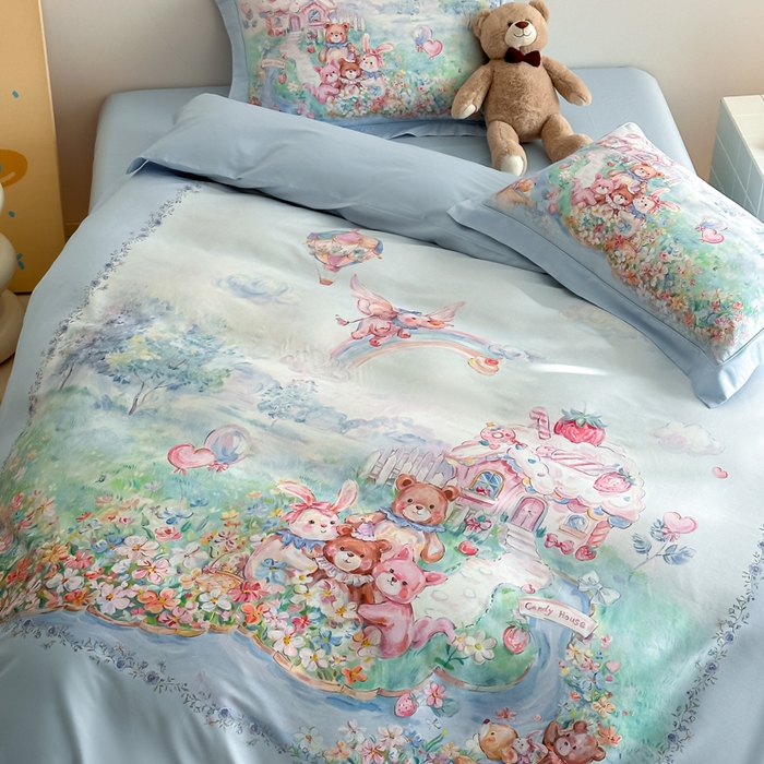 91家纺网 家纺一手货源 找家纺 禾时 2026新款全棉数码手绘油画卡通四件套 彩虹派对（蓝）