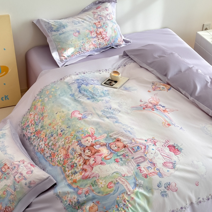 91家纺网 家纺一手货源 找家纺 禾时 2026新款全棉数码手绘油画卡通四件套 彩虹派对（紫）