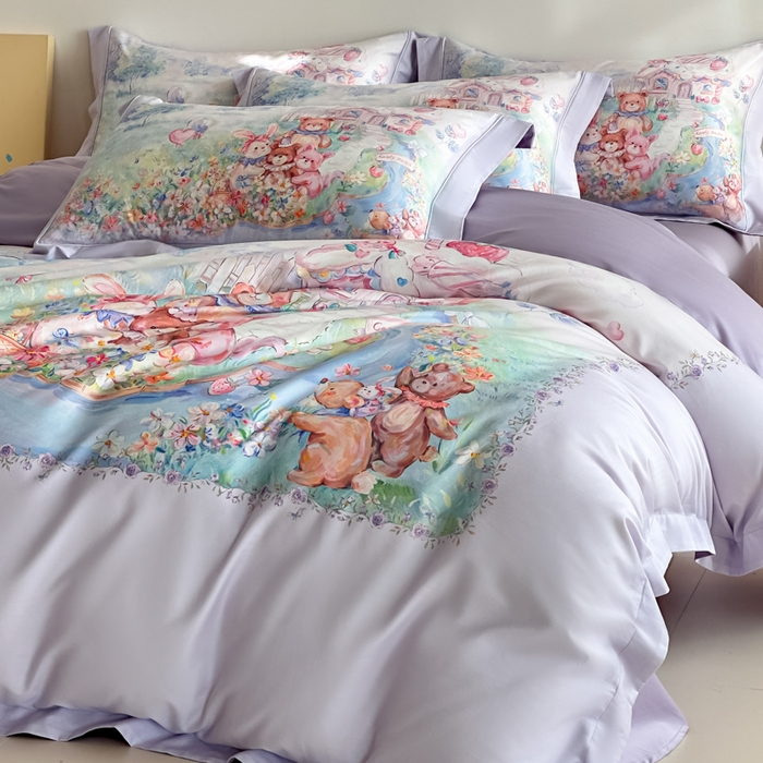 91家纺网 家纺一手货源 找家纺 禾时 2026新款全棉数码手绘油画卡通四件套 彩虹派对（紫）