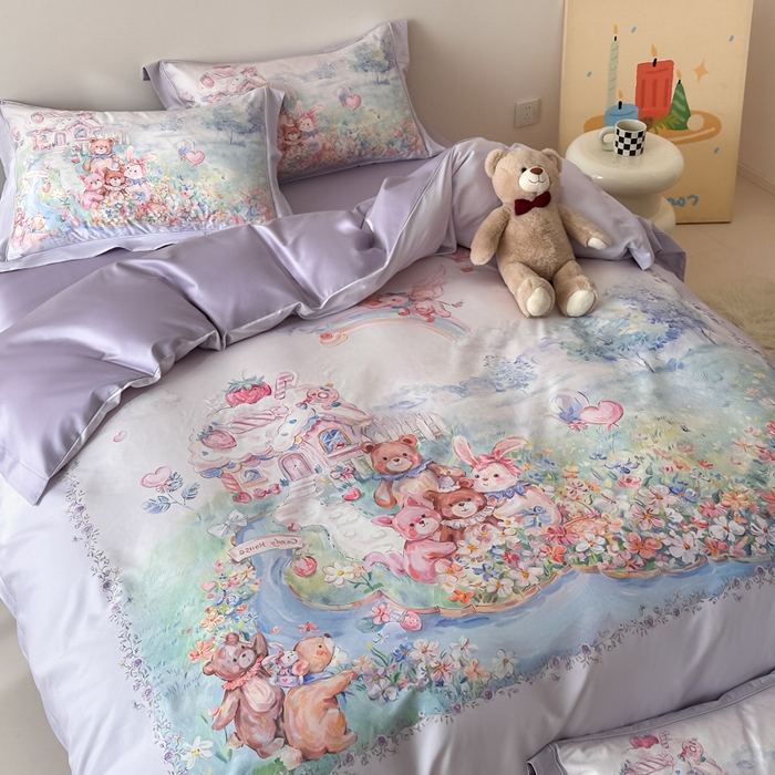 91家纺网 家纺一手货源 找家纺 禾时 2026新款全棉数码手绘油画卡通四件套 彩虹派对（紫）