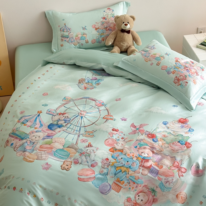 91家纺网 家纺一手货源 找家纺 禾时 2026新款全棉数码手绘油画卡通四件套 甜趣乐园（绿）