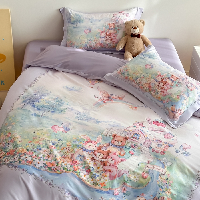 91家纺网 家纺一手货源 找家纺 禾时 2026新款全棉数码手绘油画卡通四件套 彩虹派对（紫）