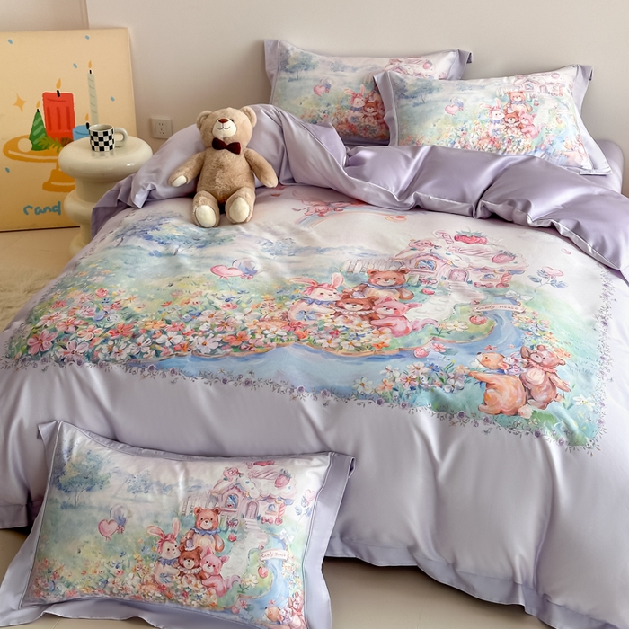 91家纺网 家纺一手货源 找家纺 禾时 2026新款全棉数码手绘油画卡通四件套 彩虹派对（紫）