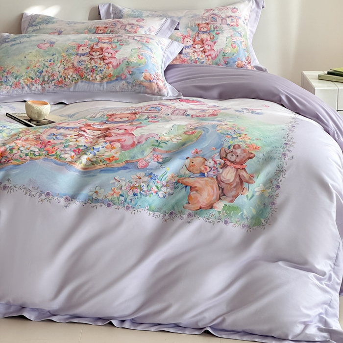 91家纺网 家纺一手货源 找家纺 禾时 2026新款全棉数码手绘油画卡通四件套 彩虹派对（紫）