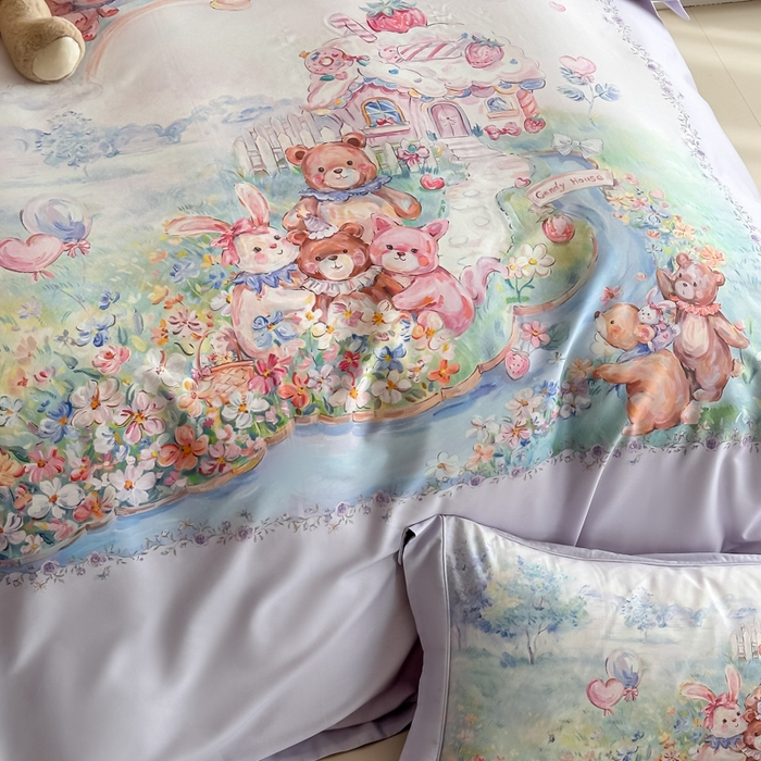 91家纺网 家纺一手货源 找家纺 禾时 2026新款全棉数码手绘油画卡通四件套 彩虹派对（紫）