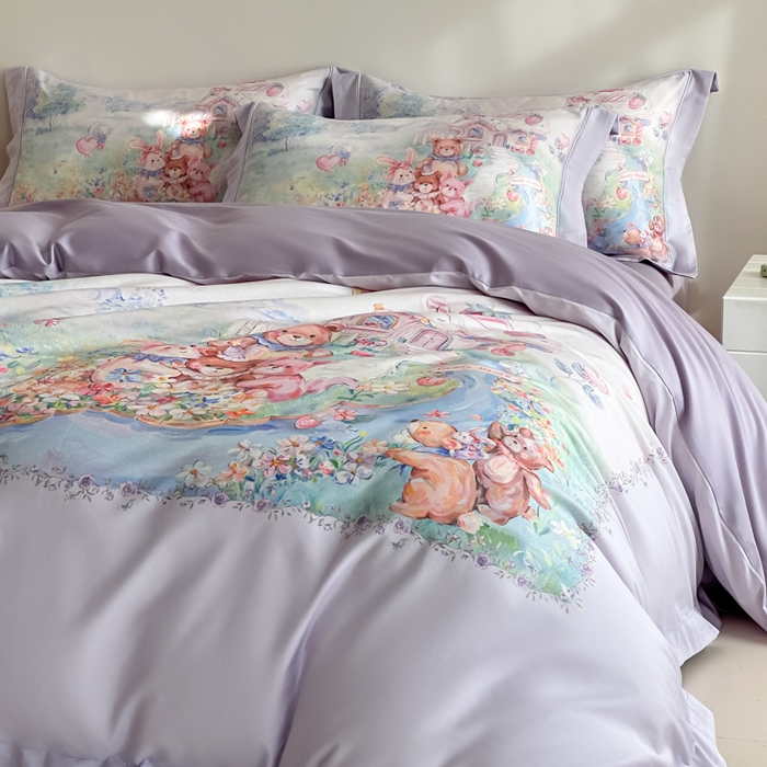 91家纺网 家纺一手货源 找家纺 禾时 2026新款全棉数码手绘油画卡通四件套 彩虹派对（紫）