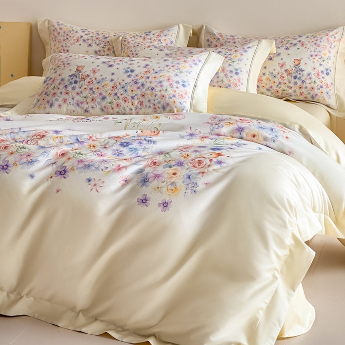 91家纺网 家纺一手货源 找家纺 禾时 2026新款全棉数码手绘油画卡通四件套 花漾熊趣（绿）