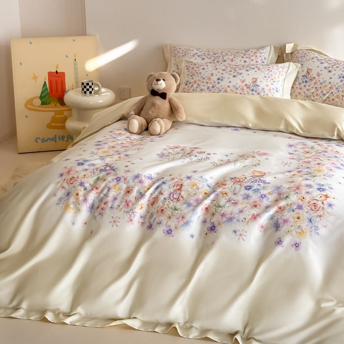 91家纺网 家纺一手货源 找家纺 禾时 2026新款全棉数码手绘油画卡通四件套 花漾熊趣（绿）