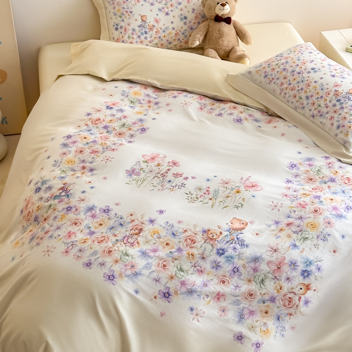 91家纺网 家纺一手货源 找家纺 禾时 2026新款全棉数码手绘油画卡通四件套 花漾熊趣（绿）