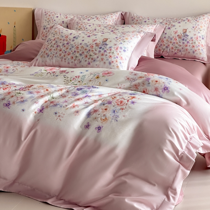 91家纺网 家纺一手货源 找家纺 禾时 2026新款全棉数码手绘油画卡通四件套 花漾熊趣（粉）