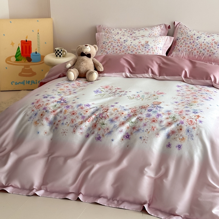 91家纺网 家纺一手货源 找家纺 禾时 2026新款全棉数码手绘油画卡通四件套 花漾熊趣（粉）