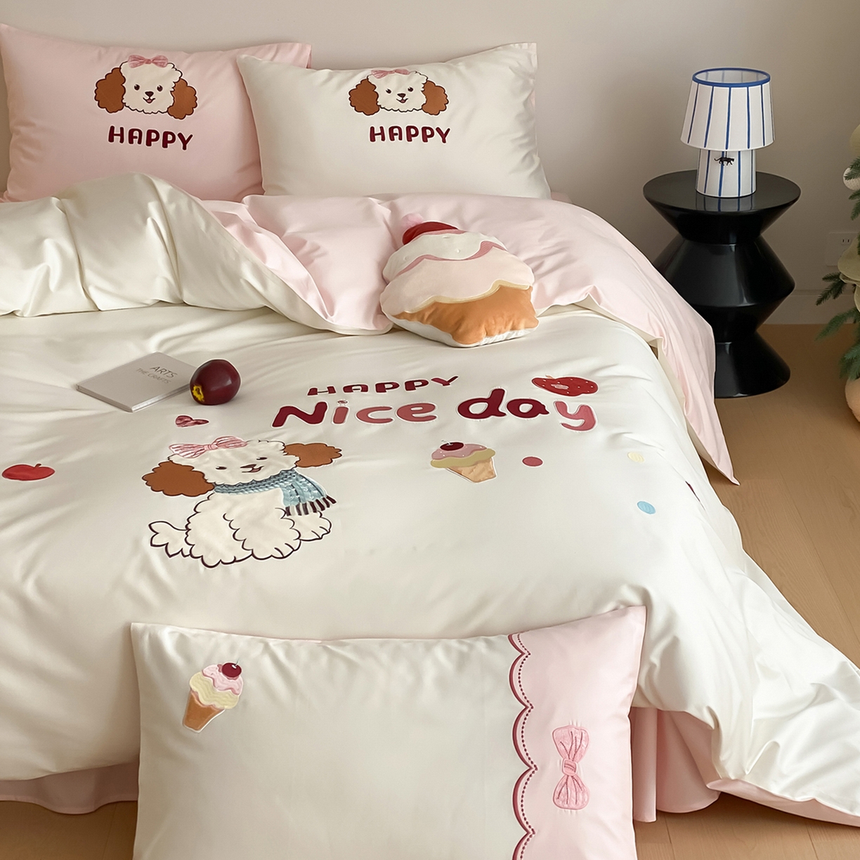 91家纺网 家纺一手货源 找家纺 （总）极简 2026新款100s长绒棉纯棉刺绣四件套-奶油小狗