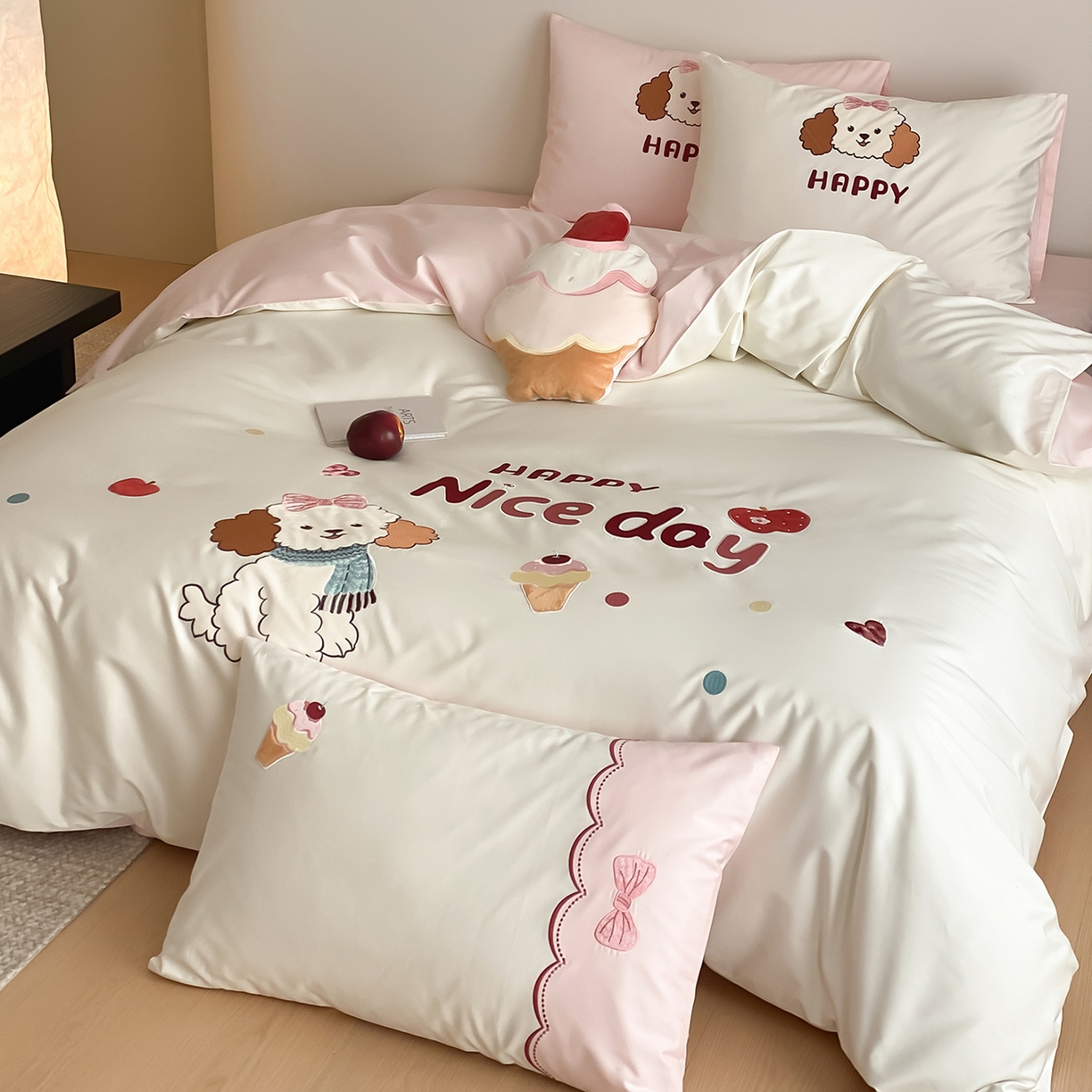 91家纺网 家纺一手货源 找家纺 （总）极简 2026新款100s长绒棉纯棉刺绣四件套-奶油小狗