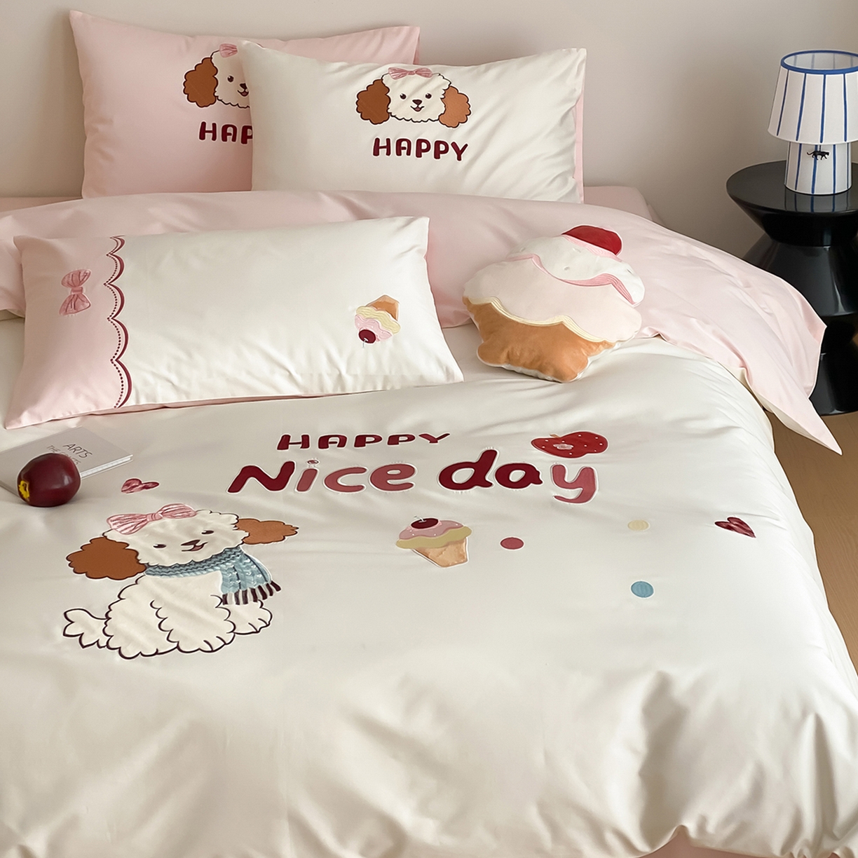 91家纺网 家纺一手货源 找家纺 （总）极简 2026新款100s长绒棉纯棉刺绣四件套-奶油小狗