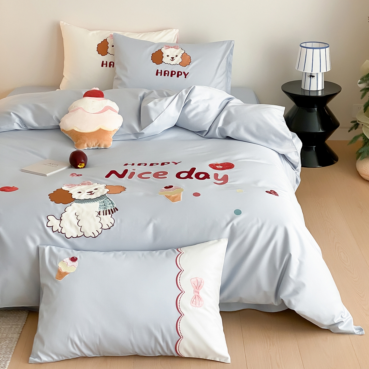 91家纺网 家纺一手货源 找家纺 （总）极简 2026新款100s长绒棉纯棉刺绣四件套-奶油小狗