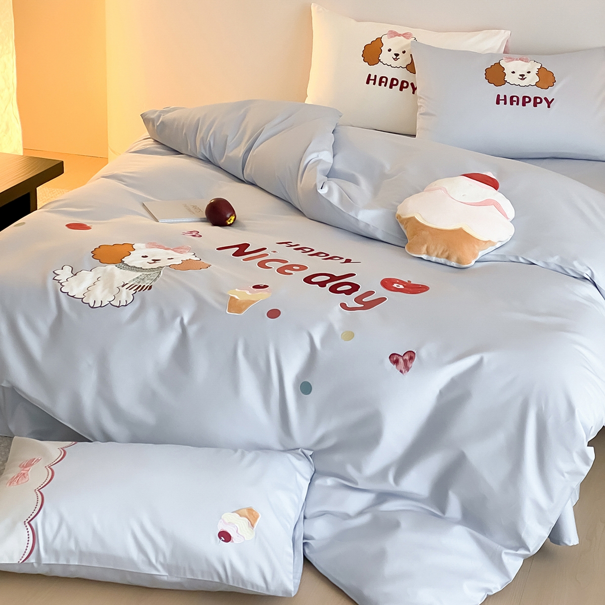 91家纺网 家纺一手货源 找家纺 极简 2026新款100s长绒棉纯棉刺绣四件套-奶油小狗 奶油小狗-蓝