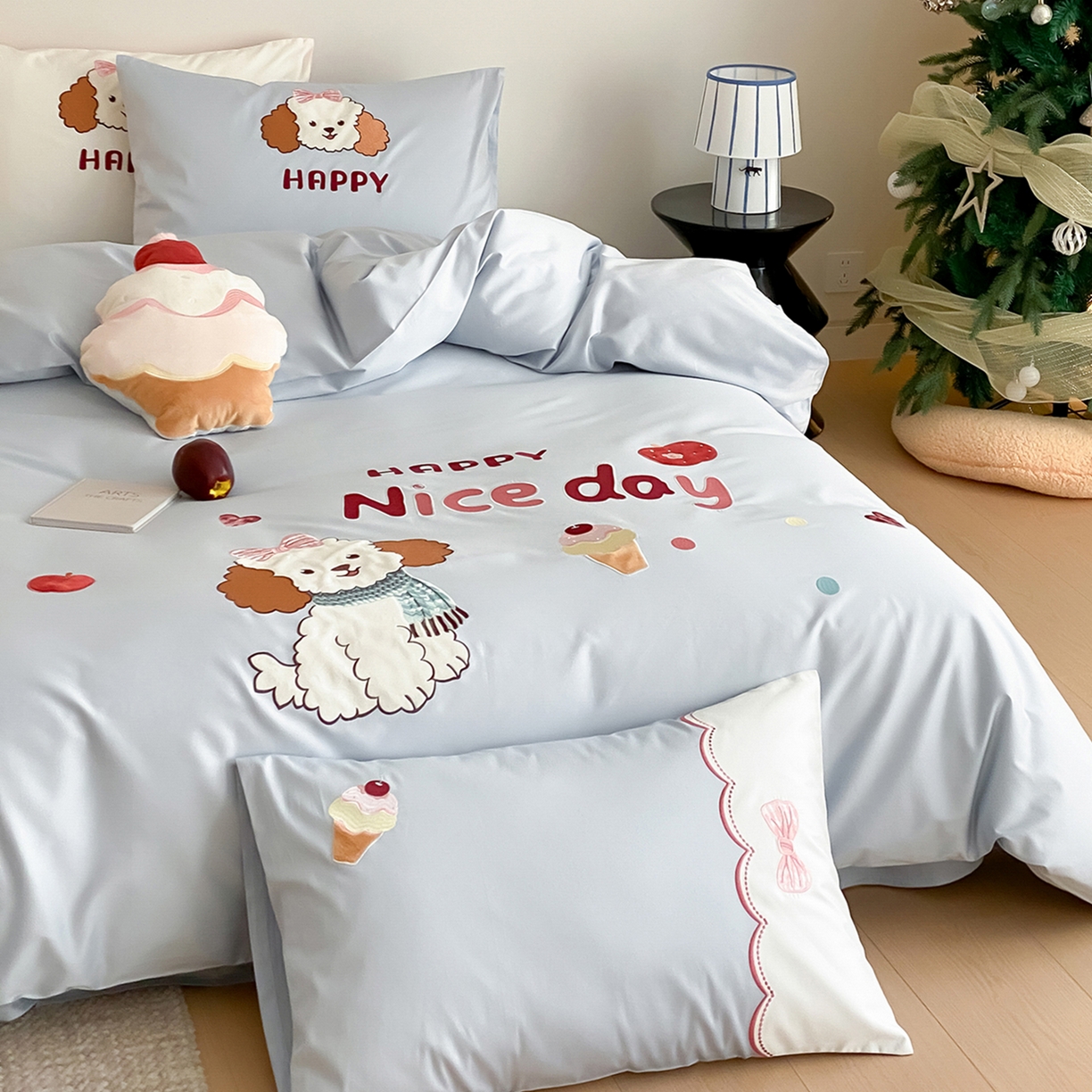 91家纺网 家纺一手货源 找家纺 极简 2026新款100s长绒棉纯棉刺绣四件套-奶油小狗 奶油小狗-蓝