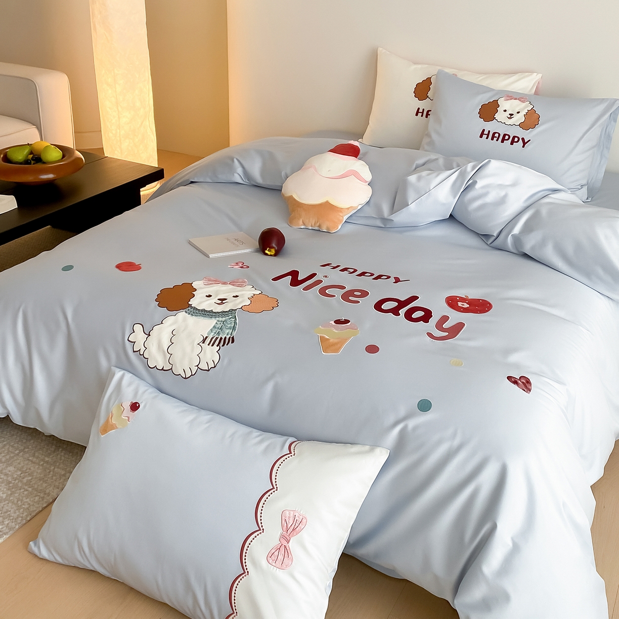 91家纺网 家纺一手货源 找家纺 极简 2026新款100s长绒棉纯棉刺绣四件套-奶油小狗 奶油小狗-蓝