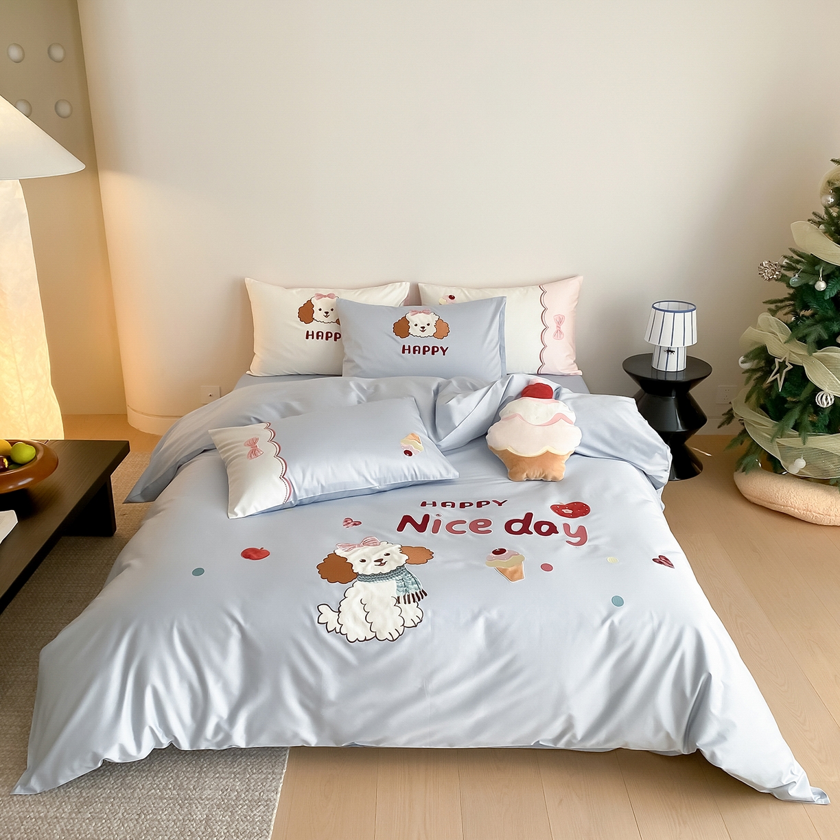 91家纺网 家纺一手货源 找家纺 极简 2026新款100s长绒棉纯棉刺绣四件套-奶油小狗 奶油小狗-蓝