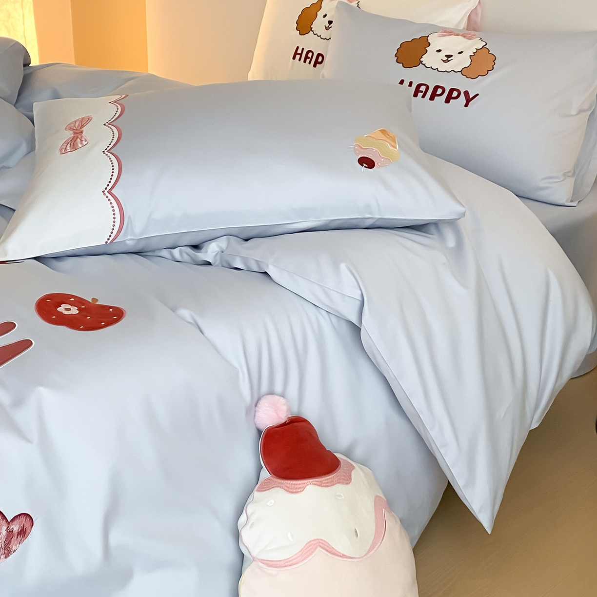 91家纺网 家纺一手货源 找家纺 极简 2026新款100s长绒棉纯棉刺绣四件套-奶油小狗 奶油小狗-蓝