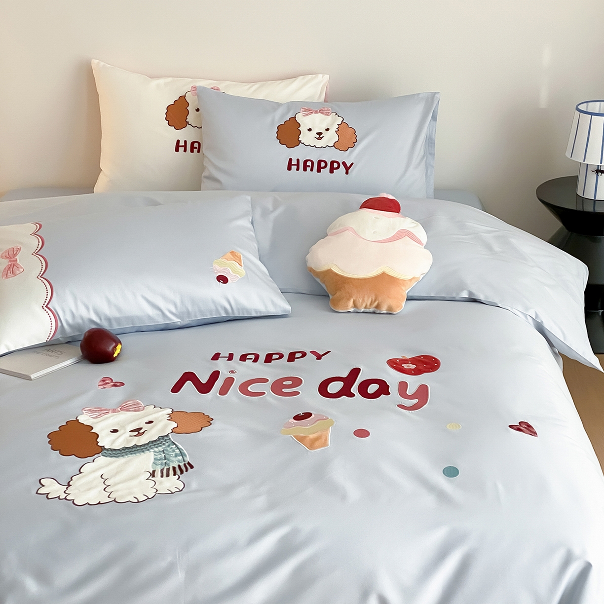 91家纺网 家纺一手货源 找家纺 极简 2026新款100s长绒棉纯棉刺绣四件套-奶油小狗 奶油小狗-蓝