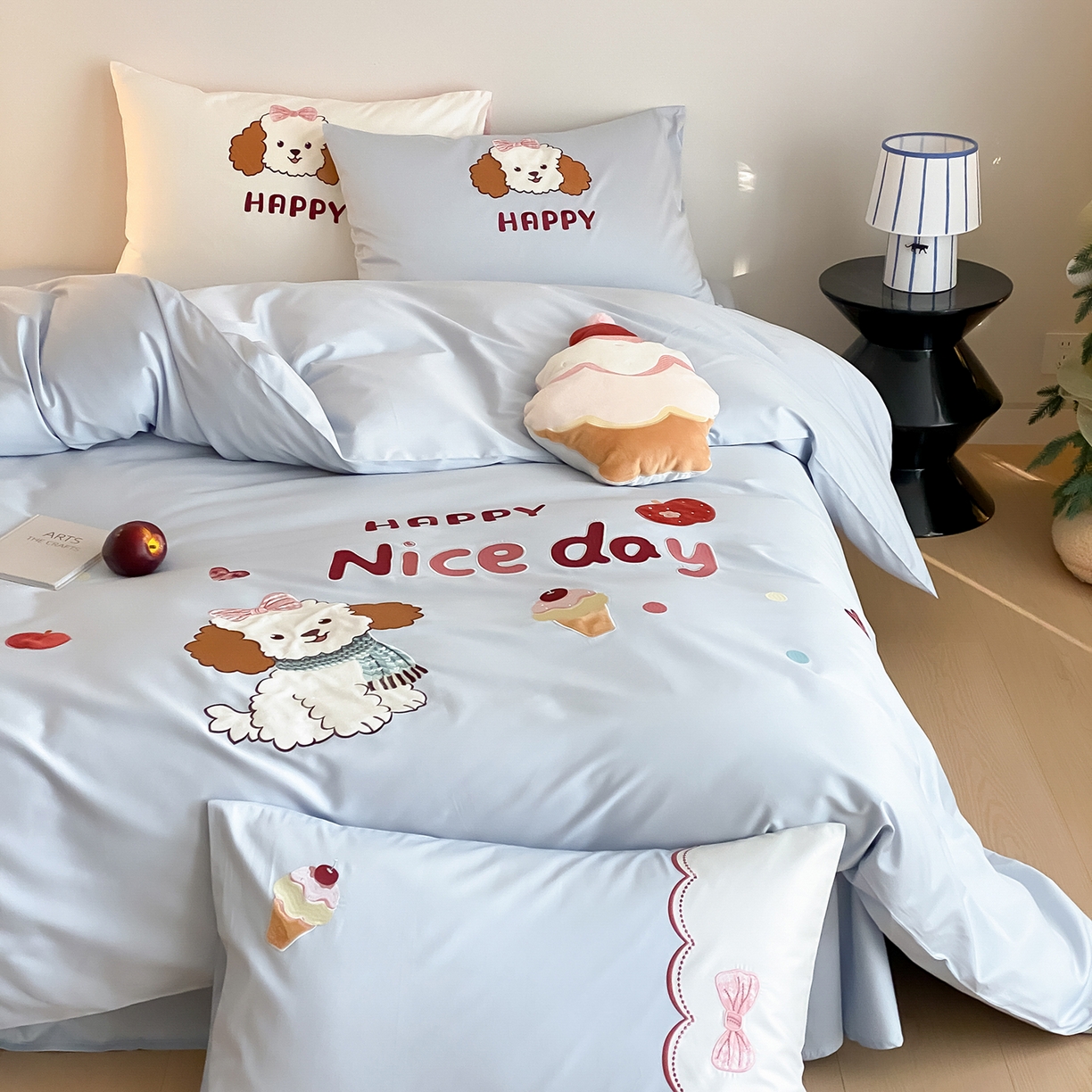 91家纺网 家纺一手货源 找家纺 极简 2026新款100s长绒棉纯棉刺绣四件套-奶油小狗 奶油小狗-蓝