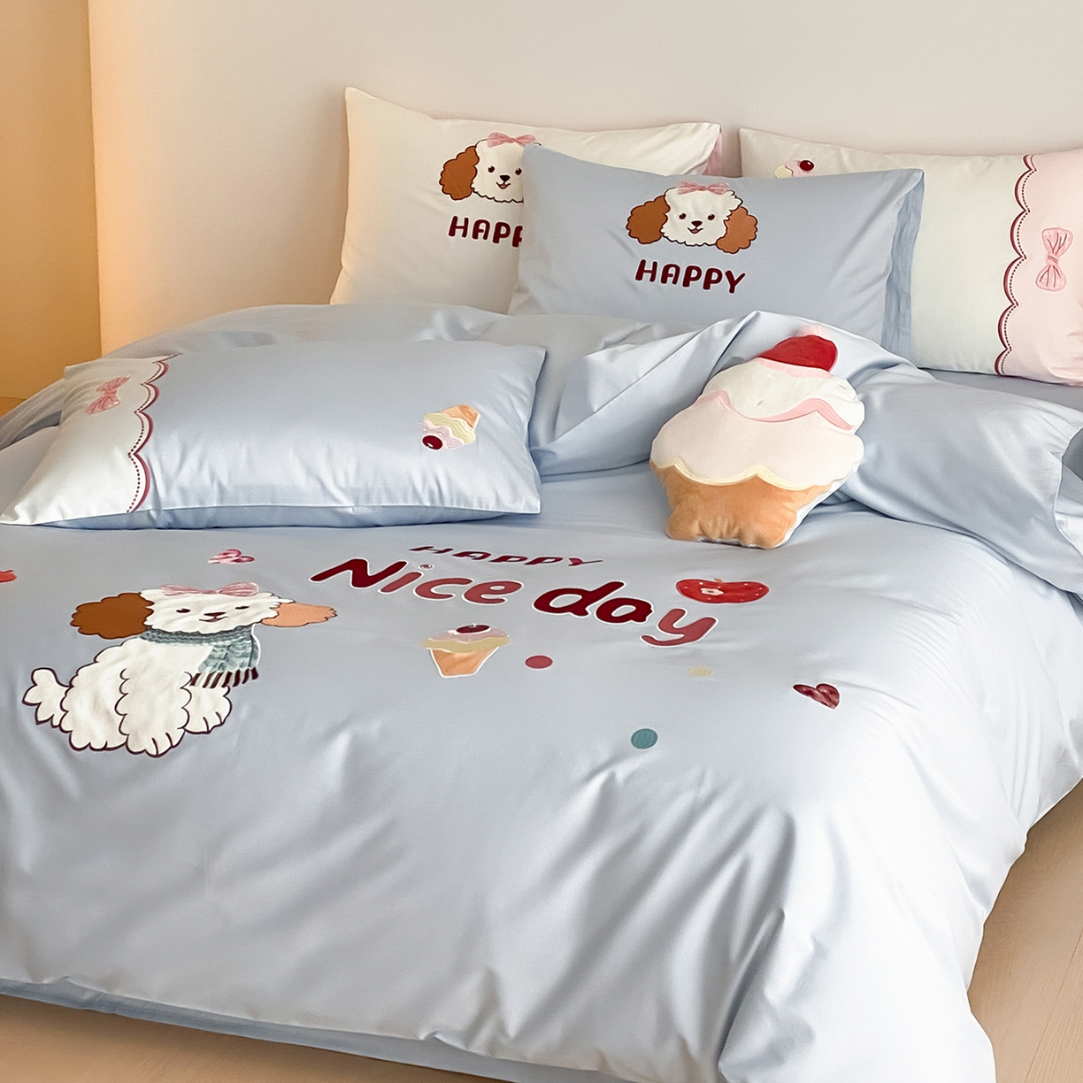 91家纺网 家纺一手货源 找家纺 极简 2026新款100s长绒棉纯棉刺绣四件套-奶油小狗 奶油小狗-蓝