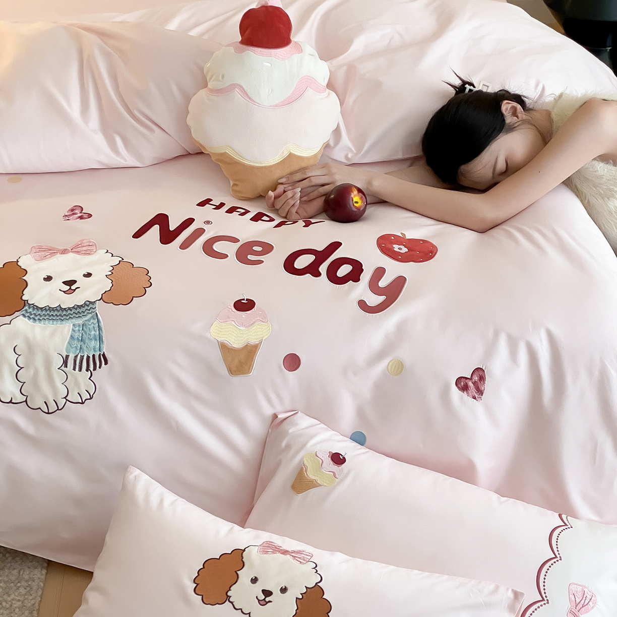 91家纺网 家纺一手货源 找家纺 极简 2026新款100s长绒棉纯棉刺绣四件套-奶油小狗 奶油小狗-粉