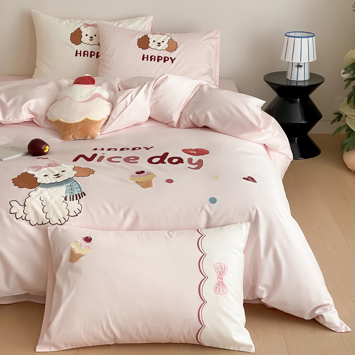 极简 2026新款100s长绒棉纯棉刺绣四件套-奶油小狗 奶油小狗-粉