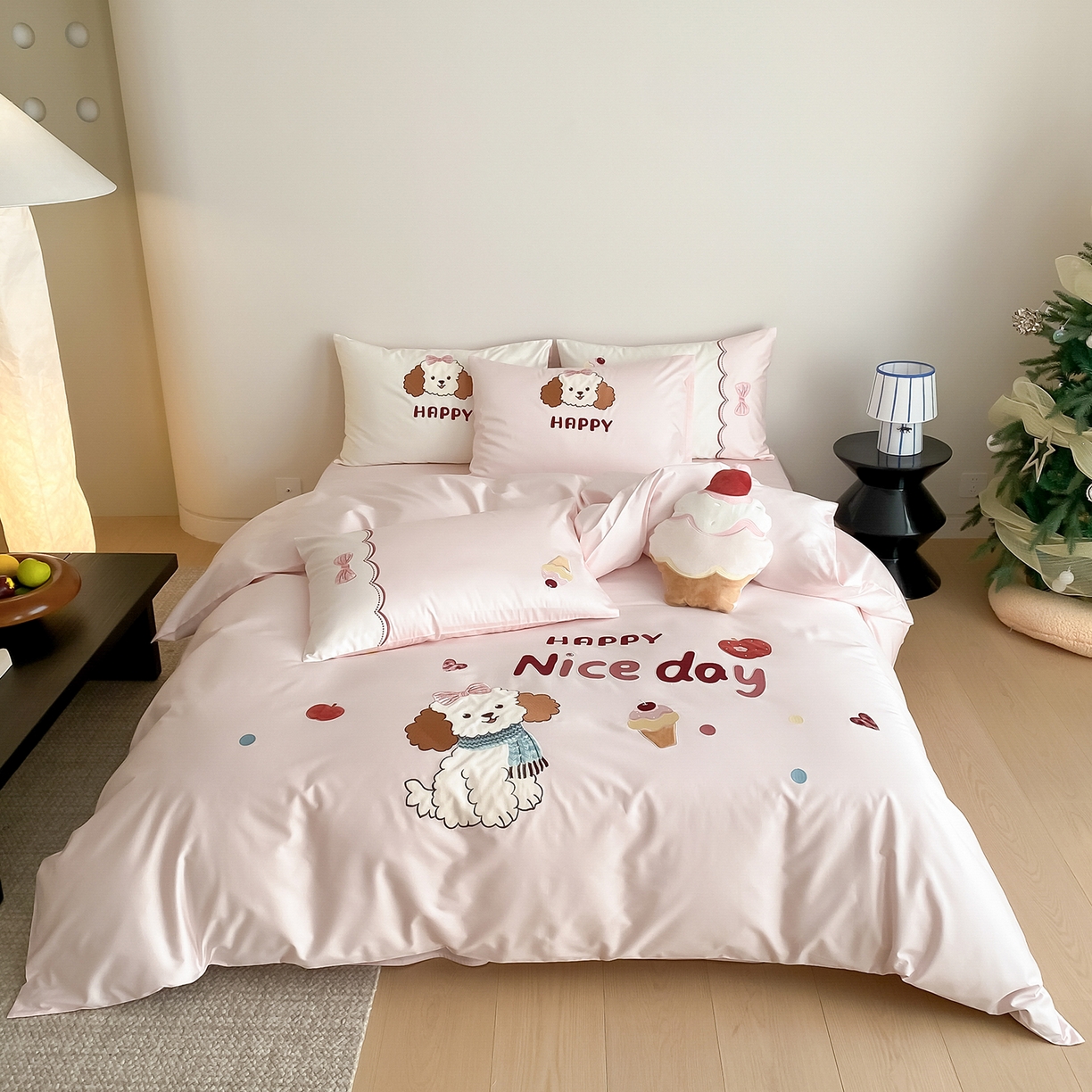 91家纺网 家纺一手货源 找家纺 极简 2026新款100s长绒棉纯棉刺绣四件套-奶油小狗 奶油小狗-粉