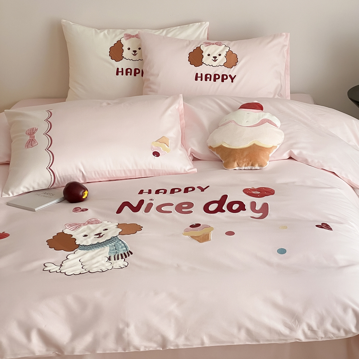 91家纺网 家纺一手货源 找家纺 极简 2026新款100s长绒棉纯棉刺绣四件套-奶油小狗 奶油小狗-粉