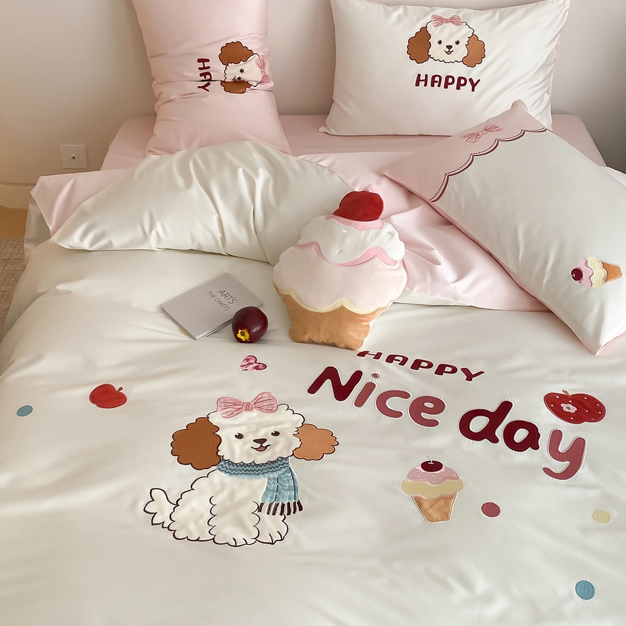 91家纺网 家纺一手货源 找家纺 极简 2026新款100s长绒棉纯棉刺绣四件套-奶油小狗 奶油小狗-白